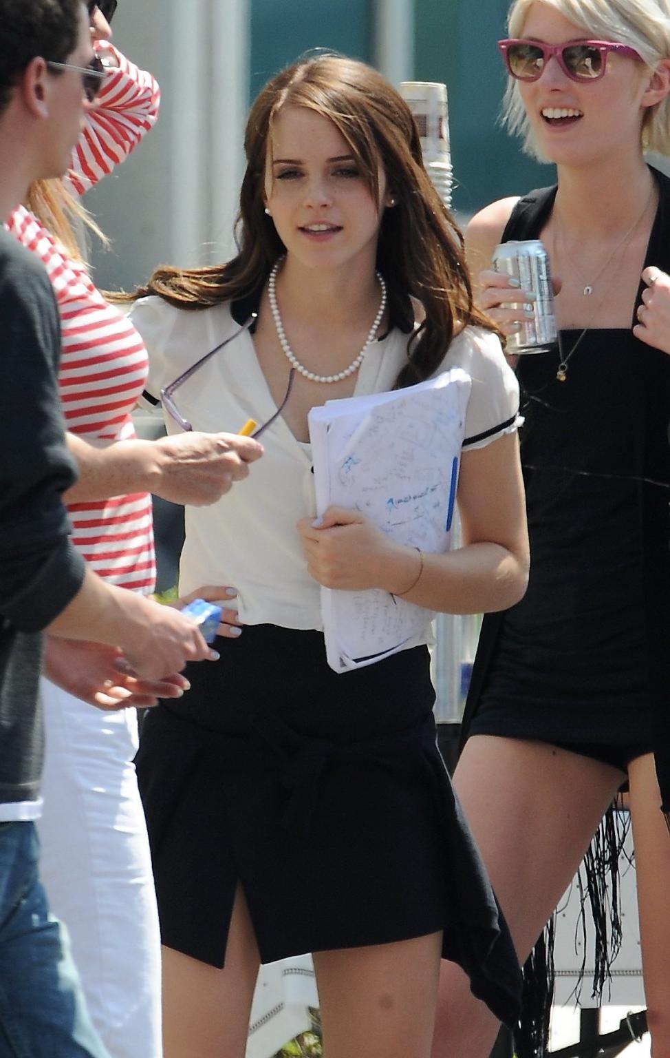 16P Emma Watson leggy wearing a mini skirt on 'The Bling Ring' set in Los Angeles