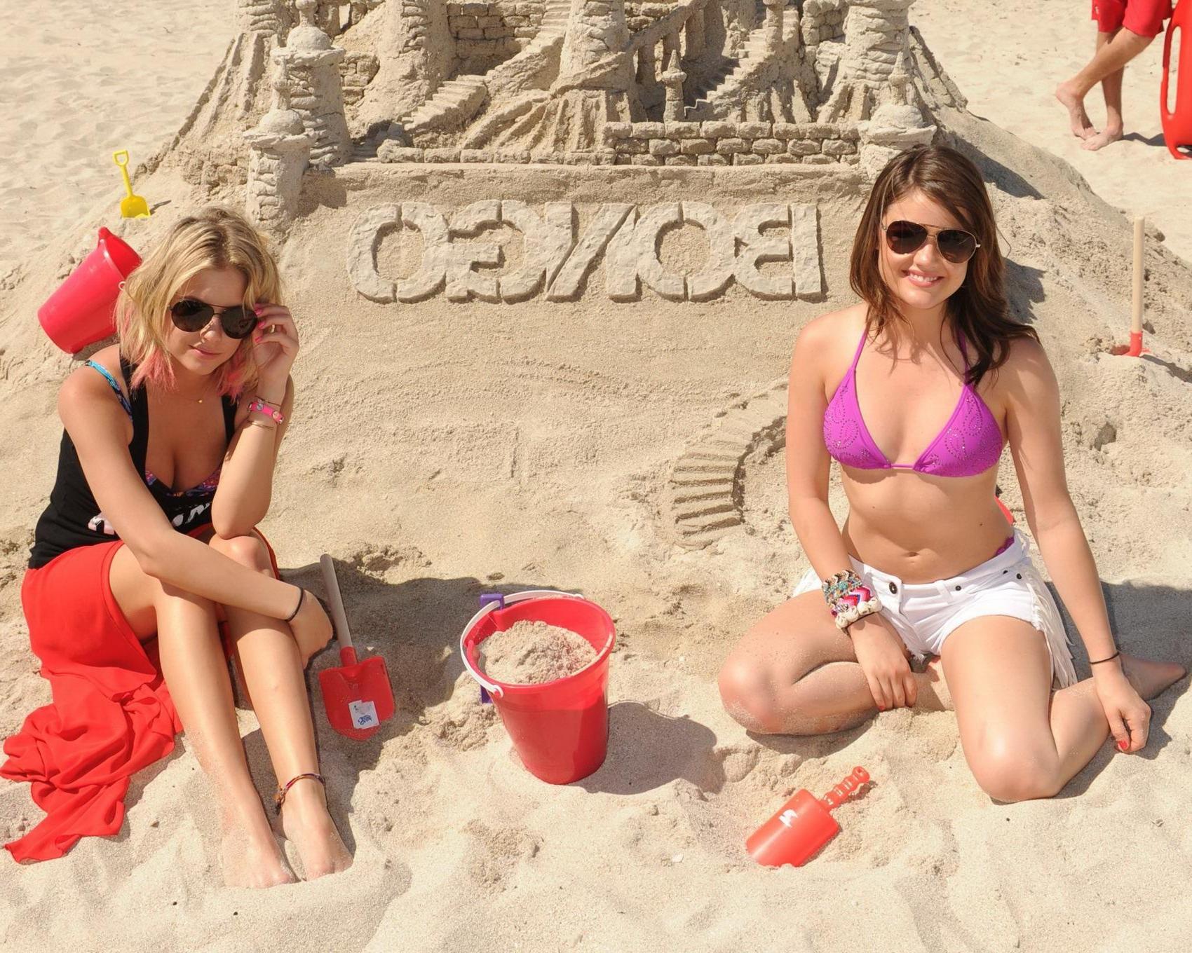 16P Lucy Hale in bikini top  shorts humping her boyfriend at the 'Bongo Meet 'n' Gre