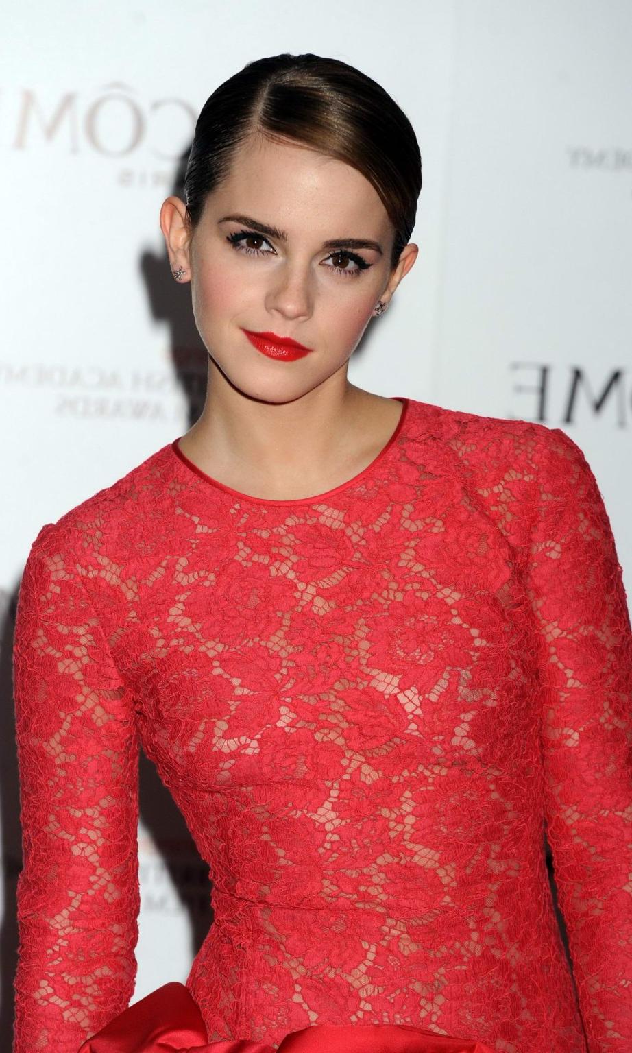 16P Emma Watson braless wearing red see through lace dress at pre-BAFTA 2012 party