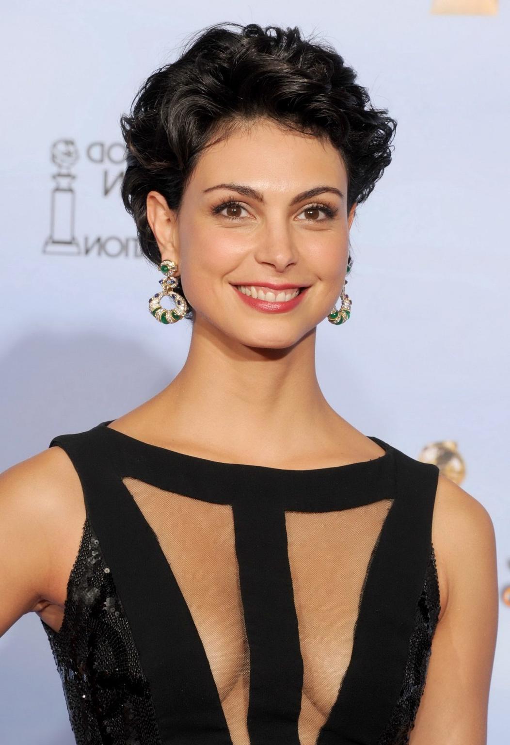 16P Morena Baccarin braless wearing sexy black dress at the Golden Globes 2012