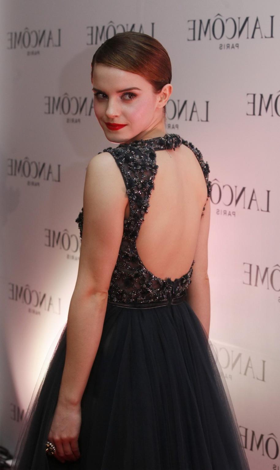16P Emma Watson looks very sexy wearing little bareback dress at Lancome promotion i