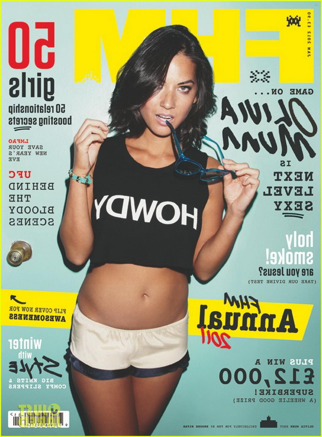 16P Olivia Munn topless but hiding her boobs for the February issue of Maxim Magazin