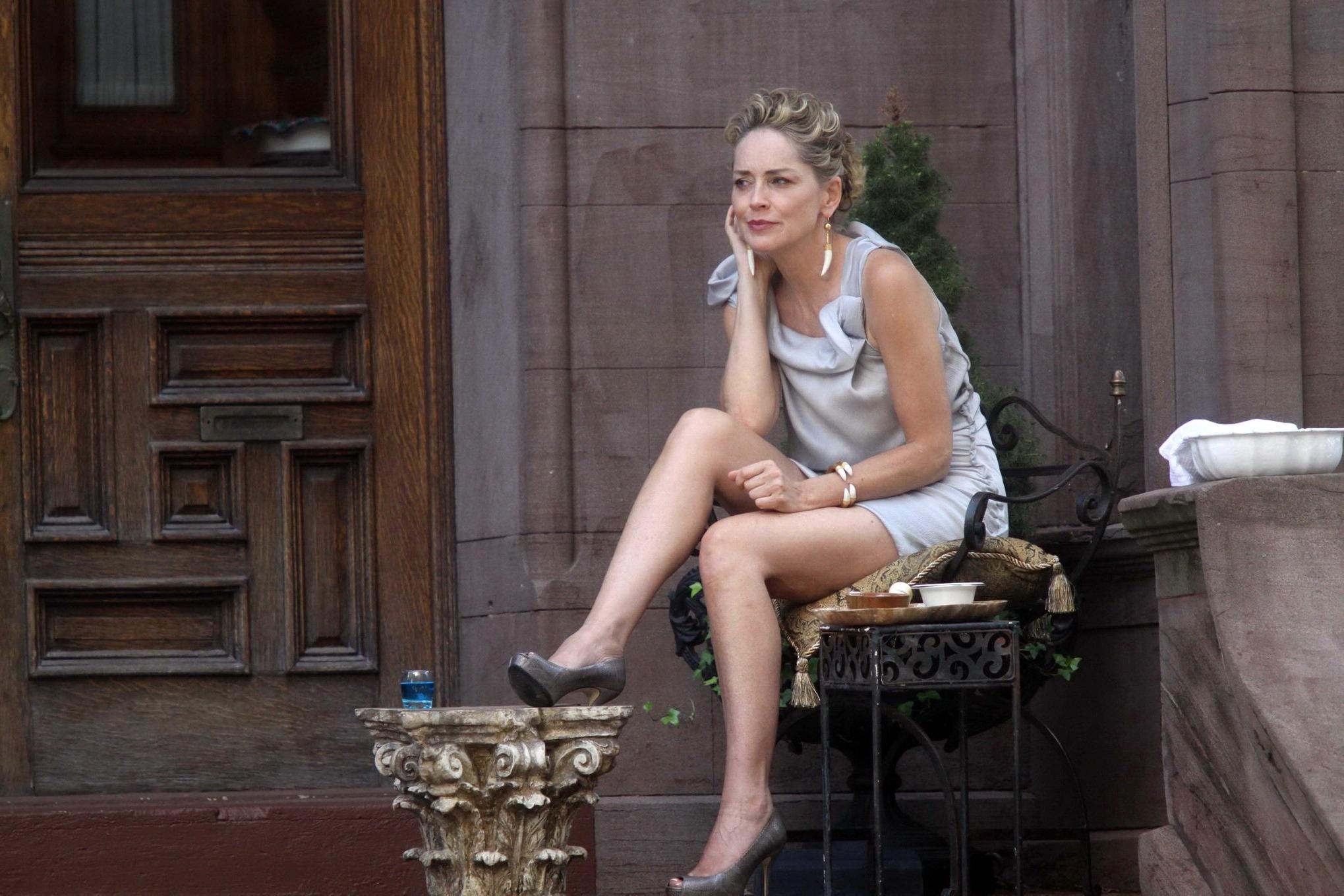 16P Sharon Stone flashing her panties on the 'Gods Behaving Badly' set in NYC