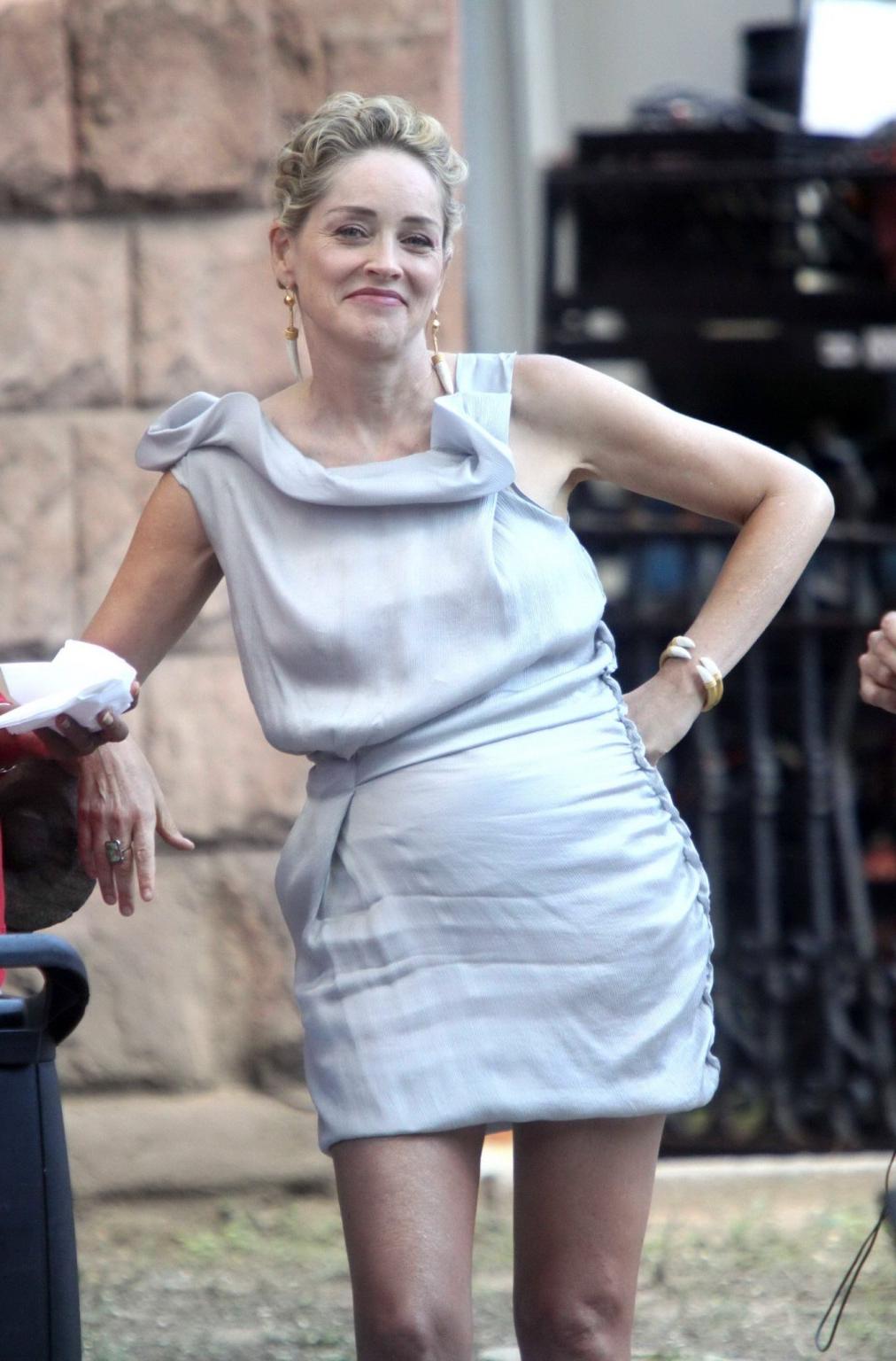 16P Sharon Stone flashing her panties on the 'Gods Behaving Badly' set in NYC