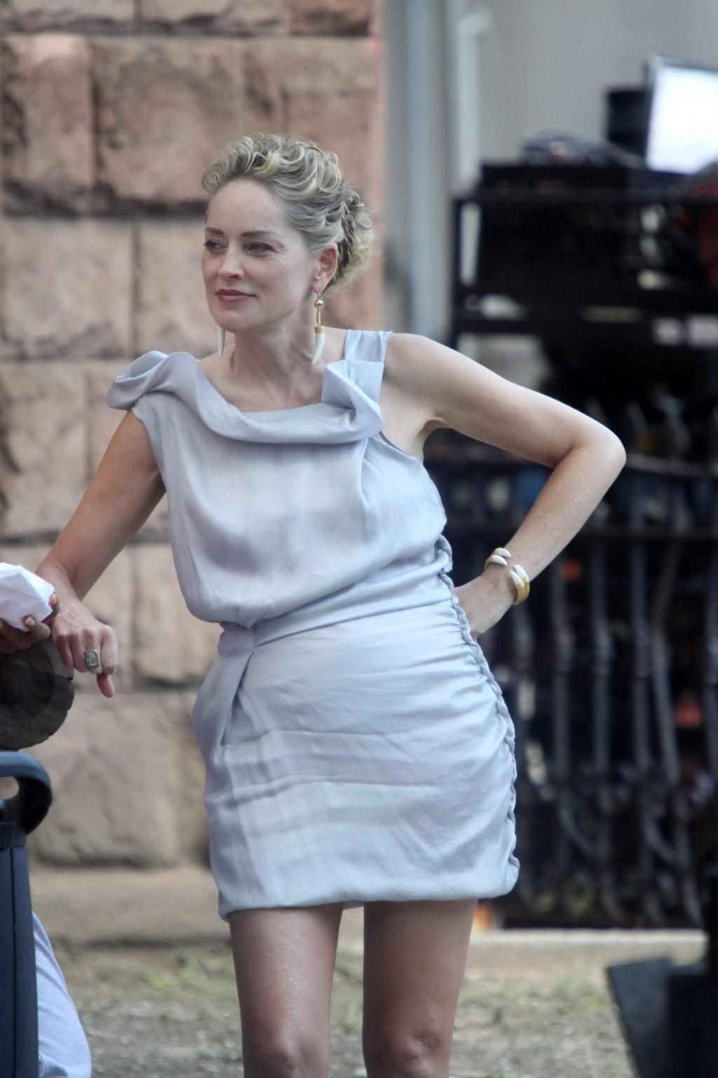 16P Sharon Stone flashing her panties on the 'Gods Behaving Badly' set in NYC