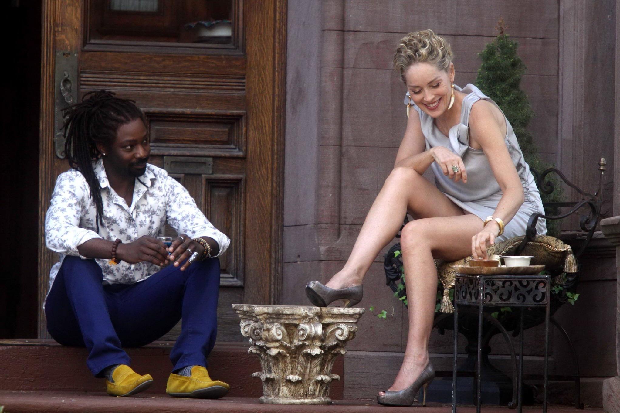 16P Sharon Stone flashing her panties on the 'Gods Behaving Badly' set in NYC
