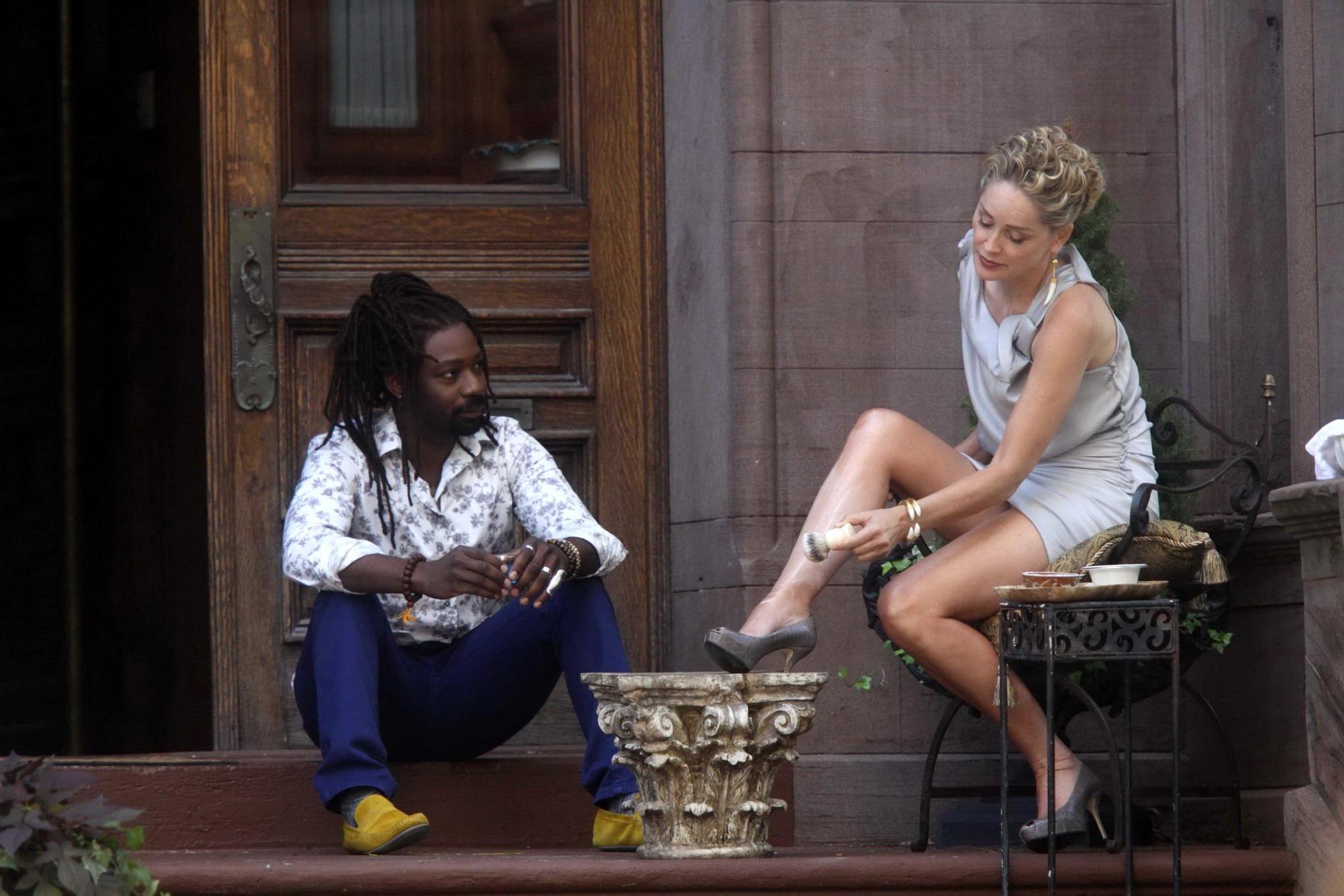 16P Sharon Stone flashing her panties on the 'Gods Behaving Badly' set in NYC