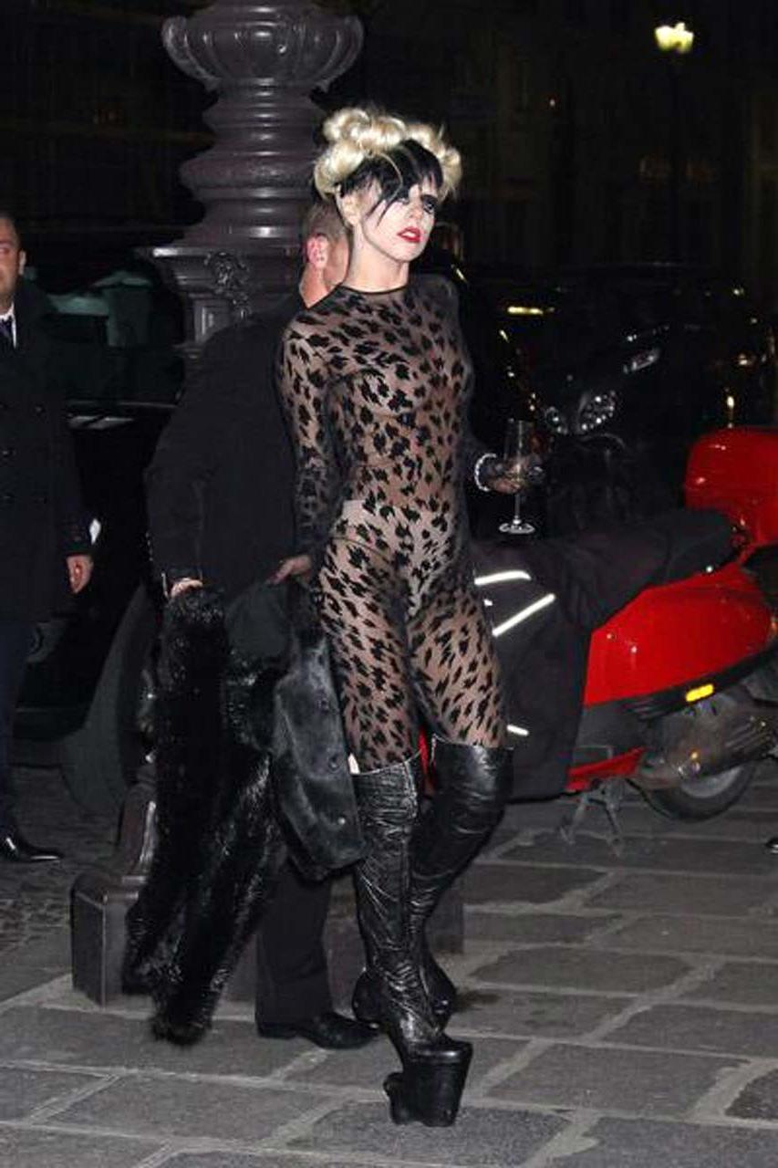 16P Lady Gaga showing panties and her tits in see thru dress paparazzi pictures