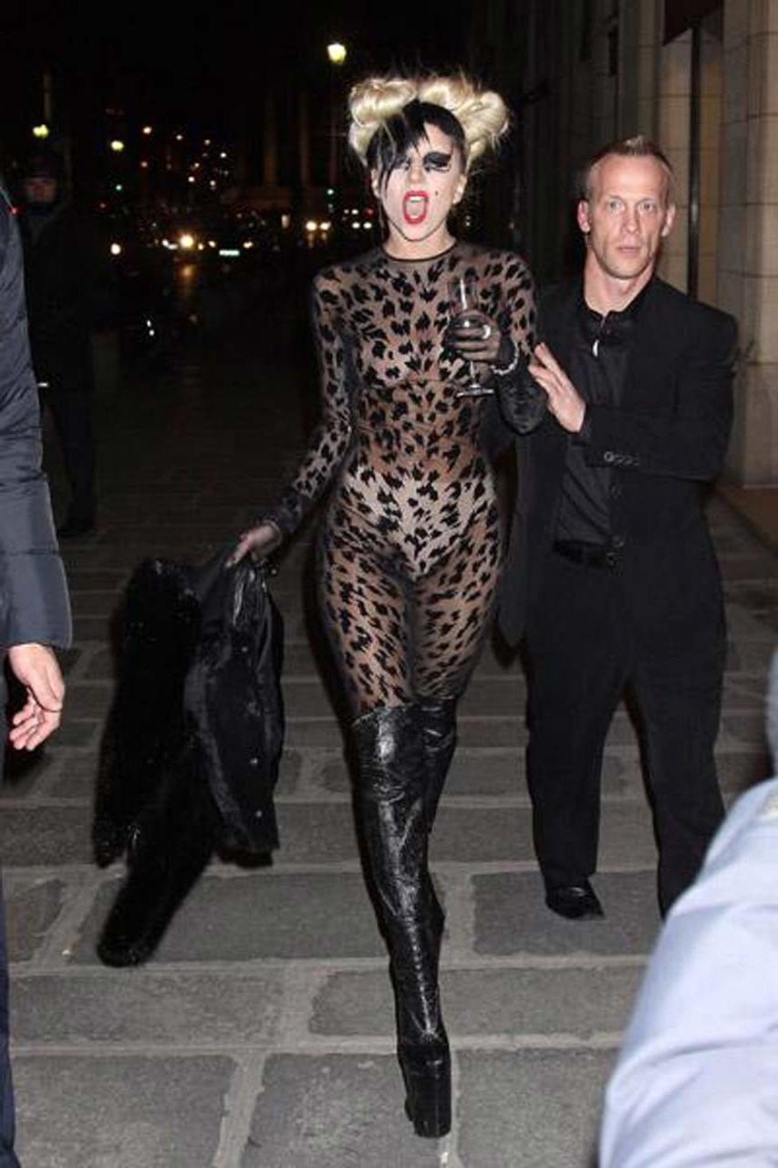 16P Lady Gaga showing panties and her tits in see thru dress paparazzi pictures