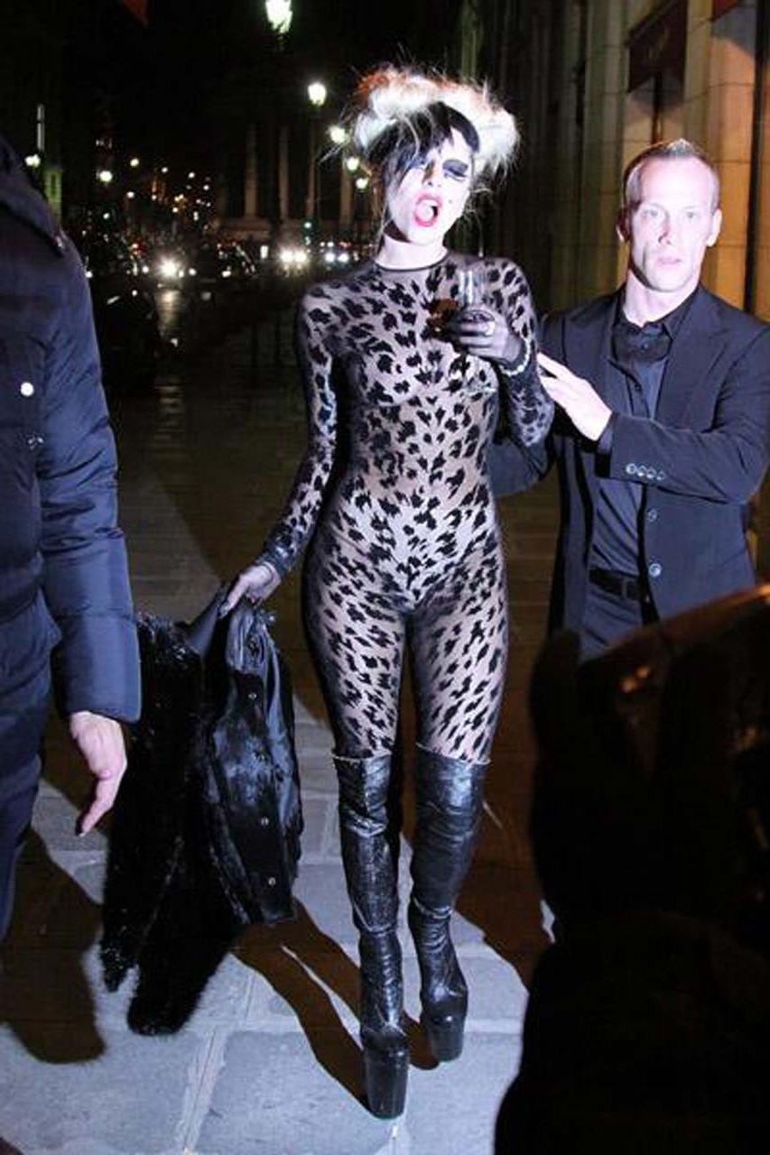16P Lady Gaga showing panties and her tits in see thru dress paparazzi pictures