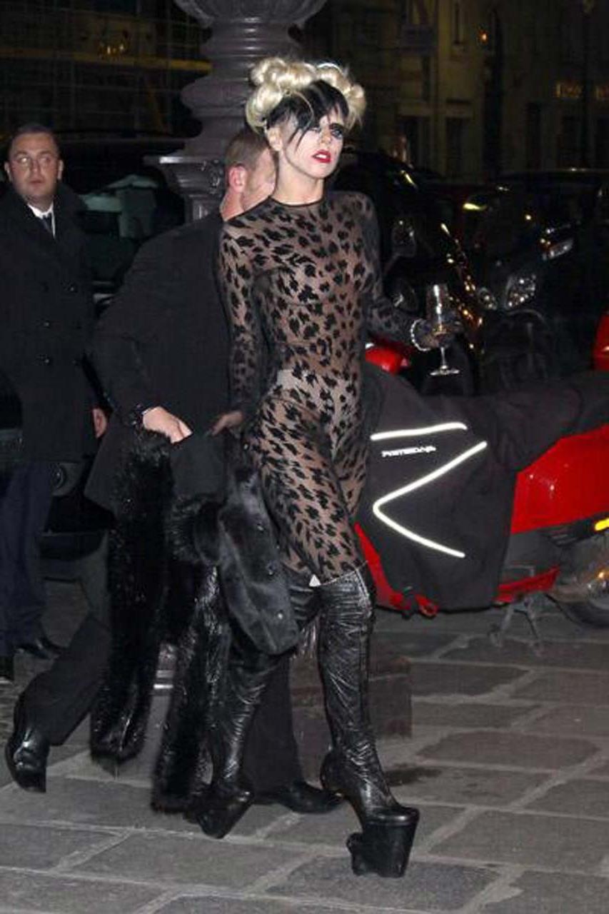 16P Lady Gaga showing panties and her tits in see thru dress paparazzi pictures