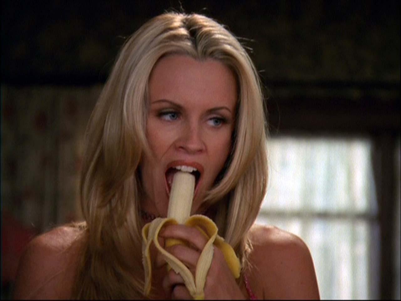 16P Jenny McCarthy sucking banana and looking sexy in black bikini