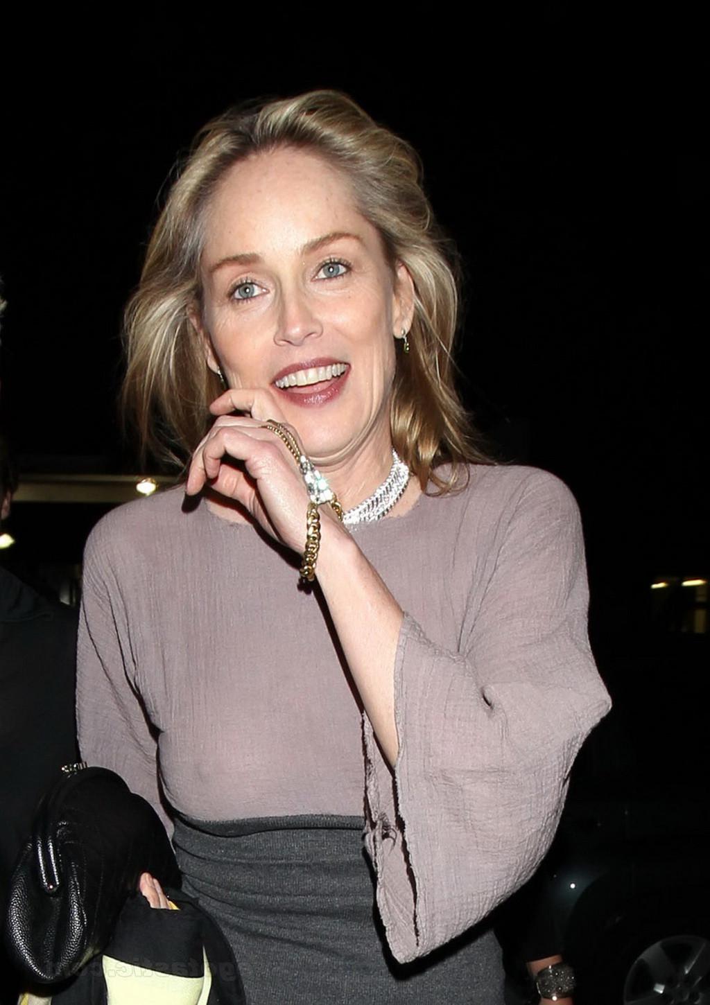 16P Sharon Stone shows off her boobs wearing see through top out in Brentwood