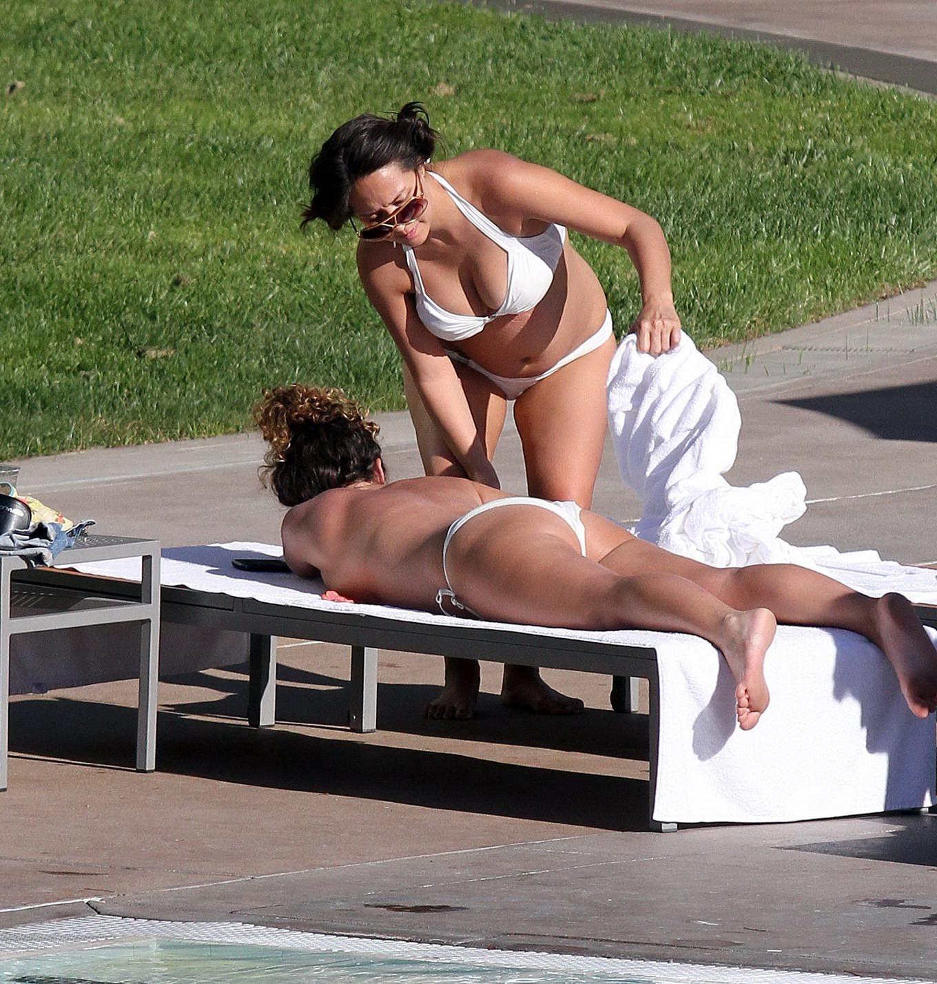 16P Myleene Klass sunbathing topless poolside in Los Angeles