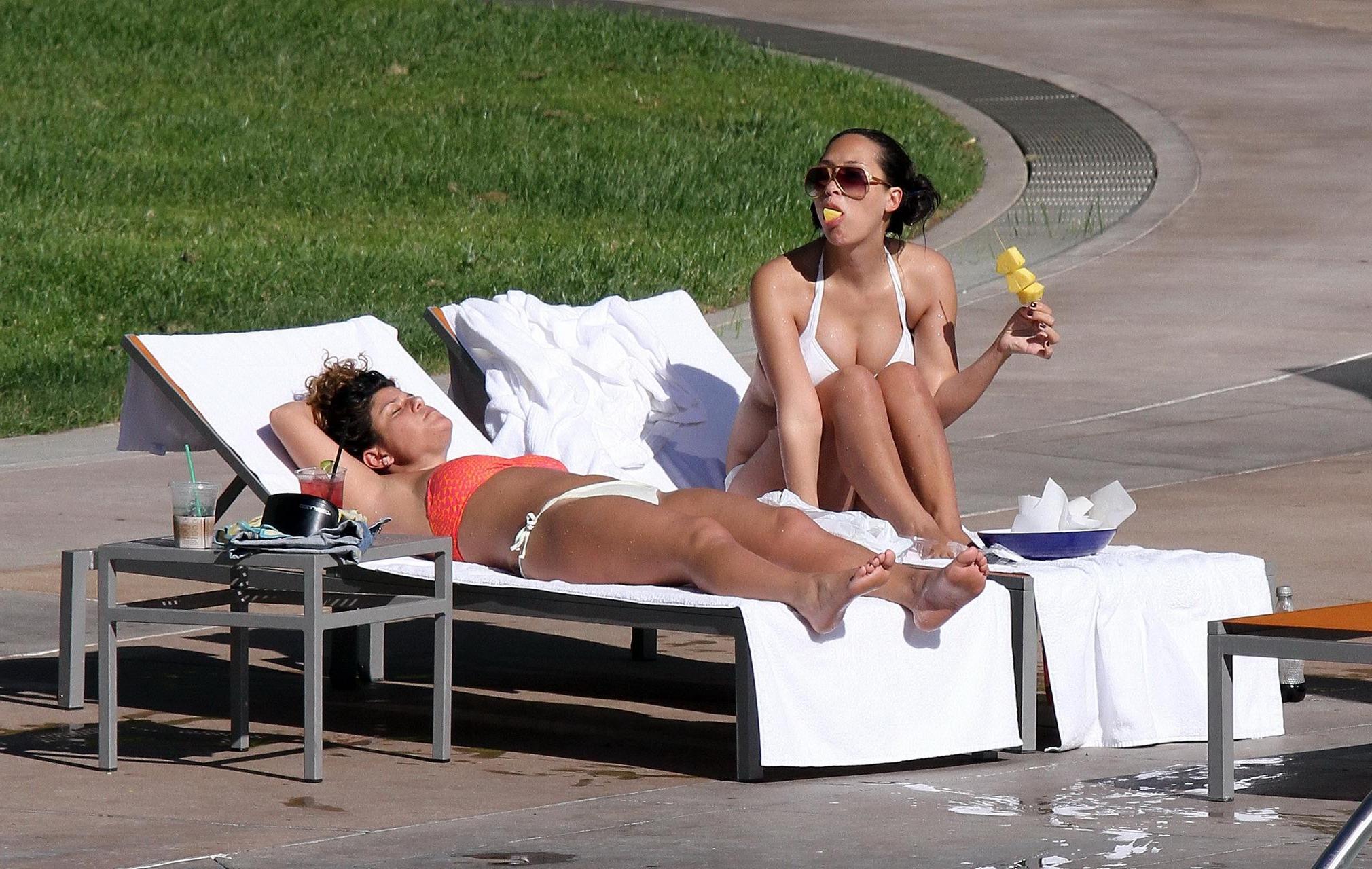 16P Myleene Klass sunbathing topless poolside in Los Angeles