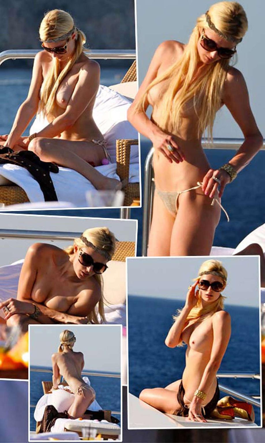 10P Paris Hilton another topless sunbathing on yach and partying in bikini on beach 
