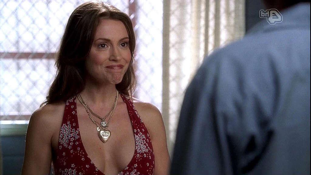16P Alyssa Milano slight upskirt in uniform and great cleavage