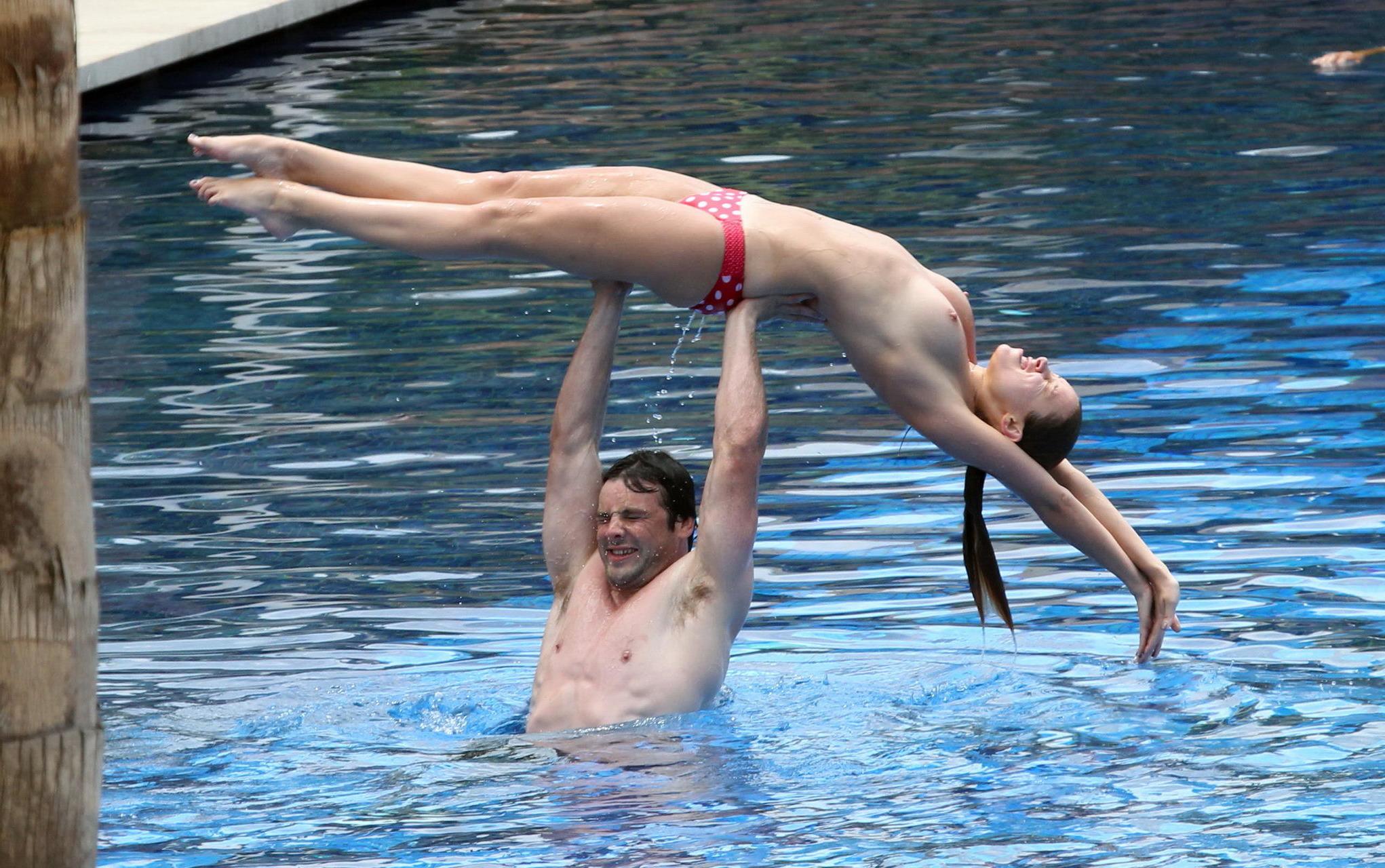 16P Una Healy topless in the pool in Ibiza dominated by her horny boyfriend