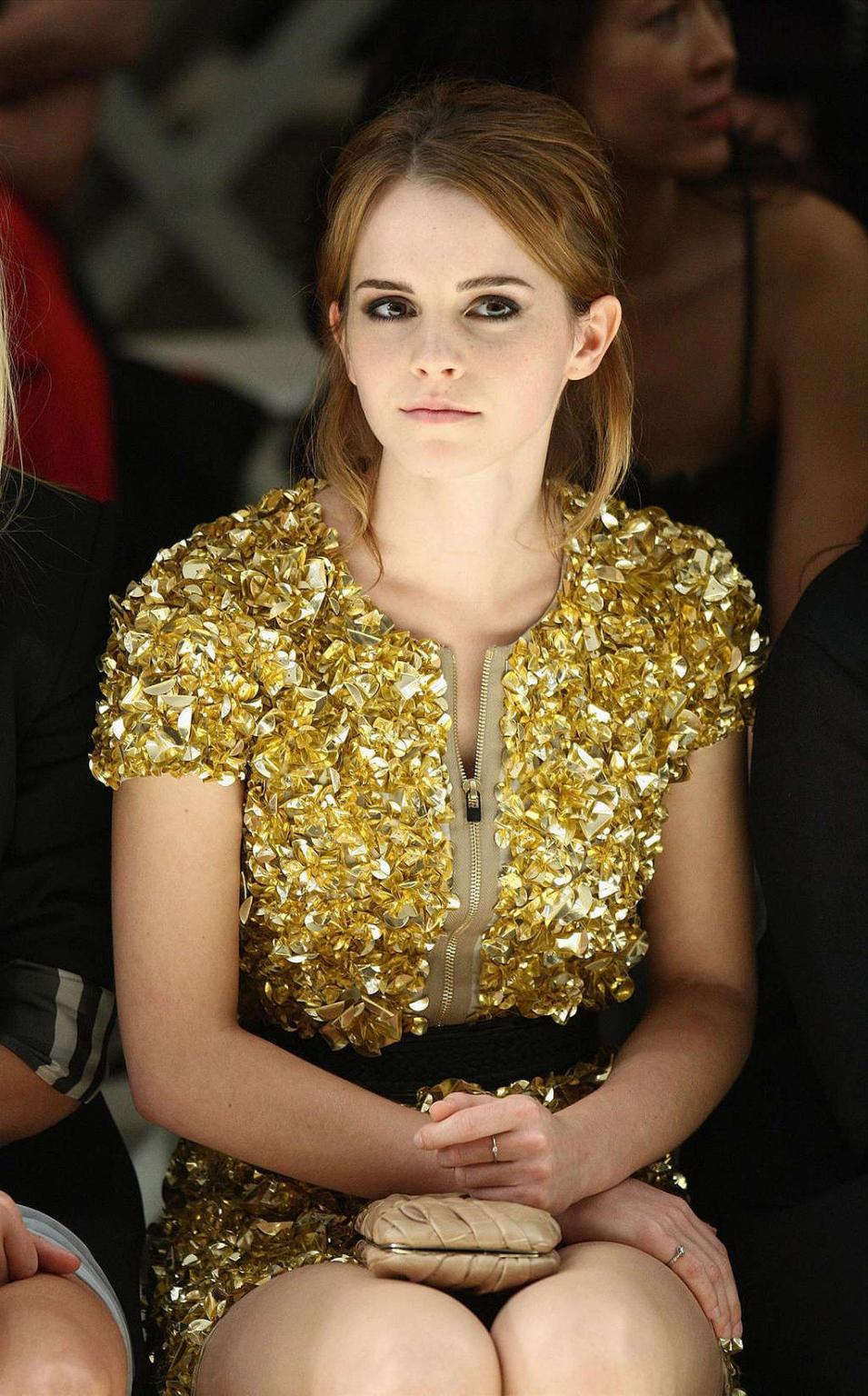 16P Emma Watson posing and showing sexy body in gold dress