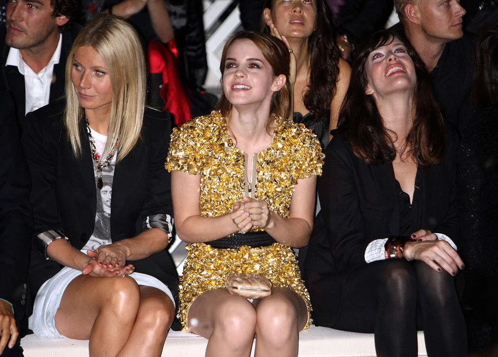 16P Emma Watson posing and showing sexy body in gold dress