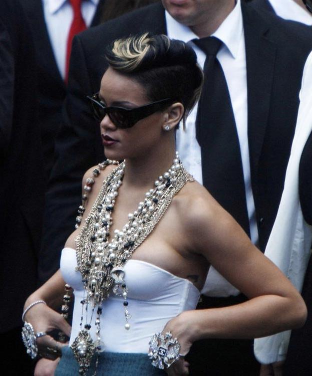 15P Rihanna see thru tits and ass in black thongs