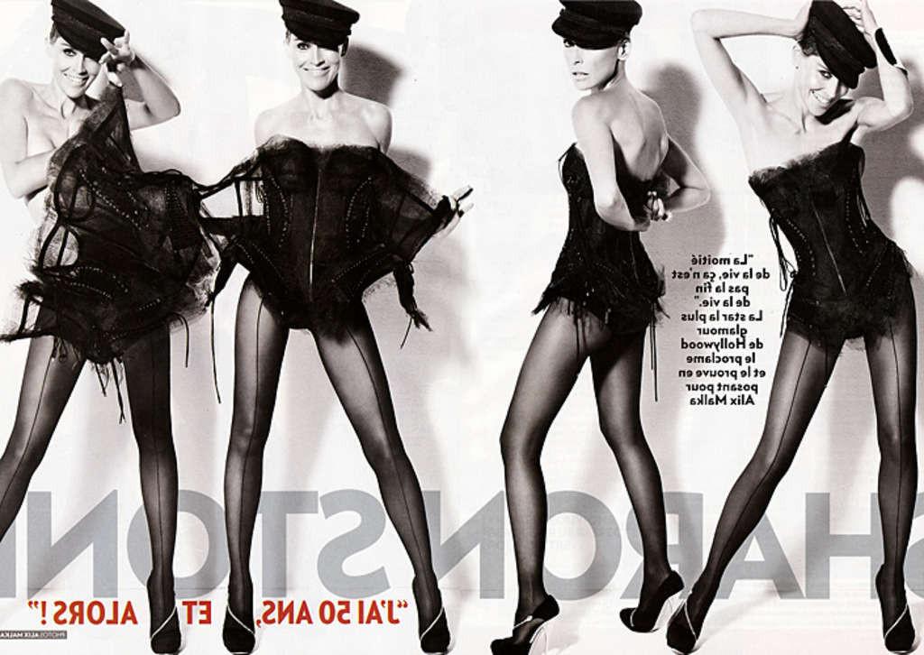 10P Sharon Stone exposing her nice tits in some magazine and her nice shaved pussy u