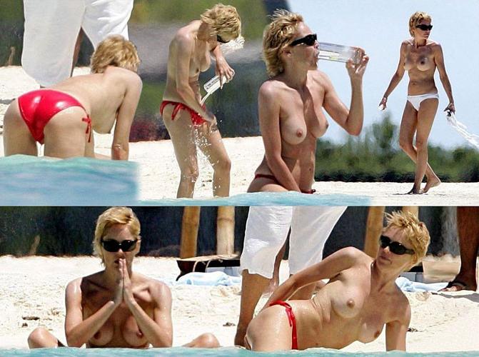 16P Sharon Stone showing her nice big tits on beach paparazzi pictures