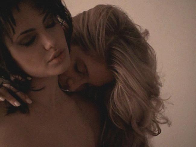 20P Black hair sexy celebrity Angelina Jolie nude in lesbian action