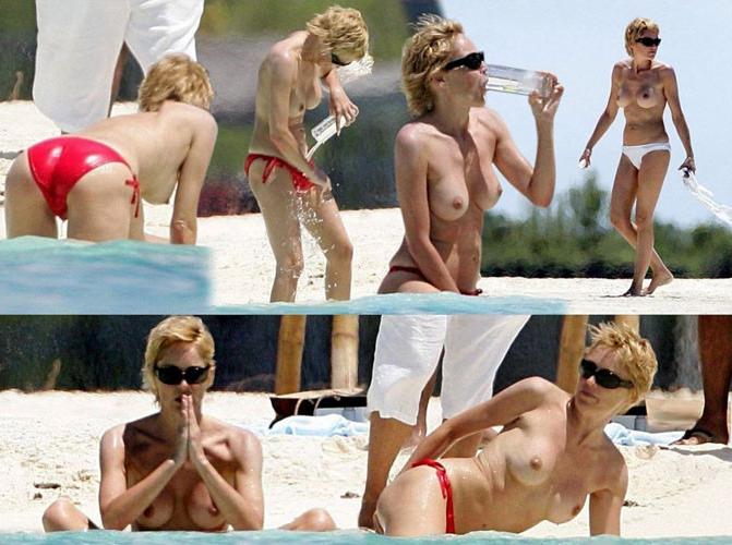16P Sharon Stone showing her nice pussy and big tits on beach