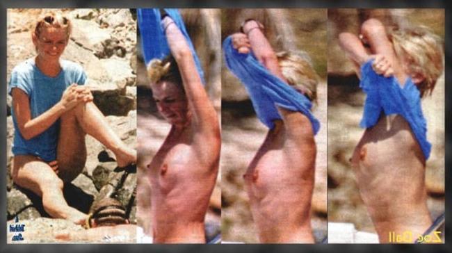 16P Celebrity hot blonde Zoe Ball shows nude tits on the beach