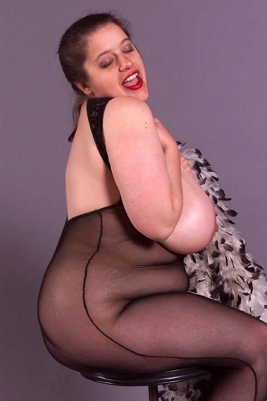 15P Huge black pantyhose plump on chair