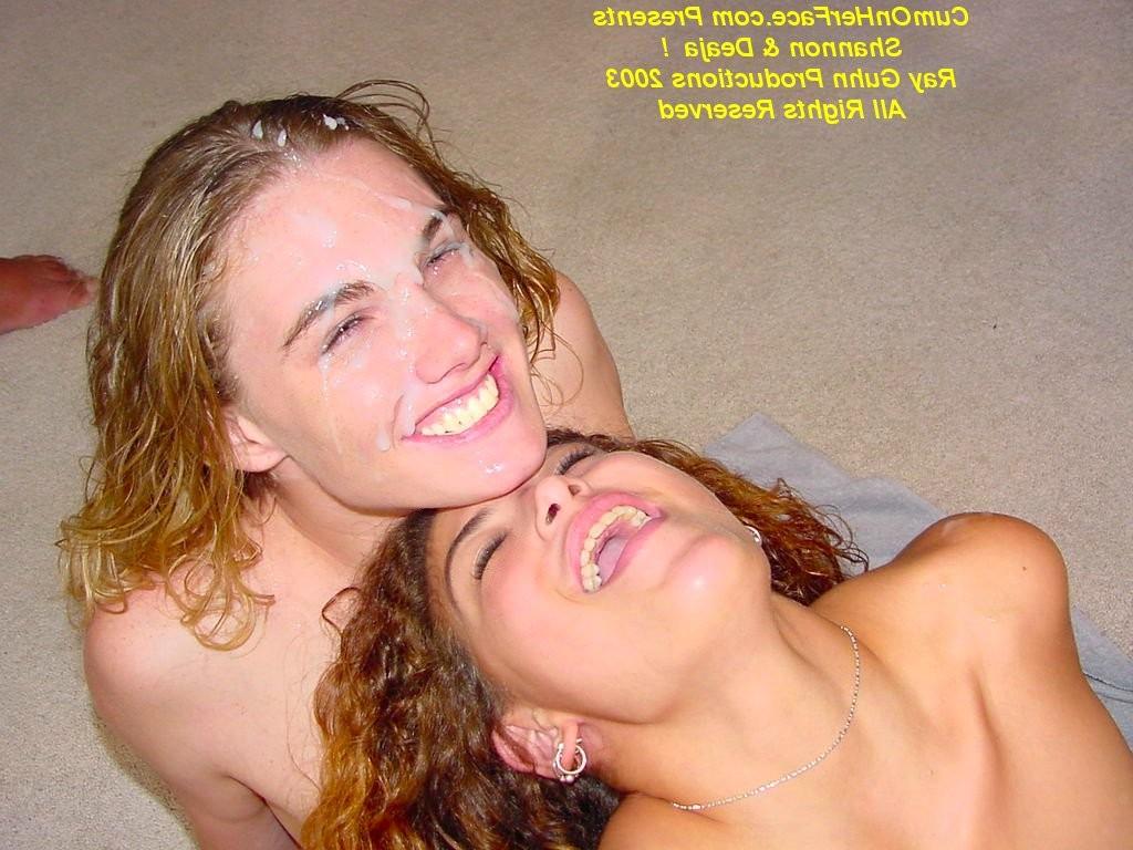 15P Two babes get covered in cum by their friend and fucked