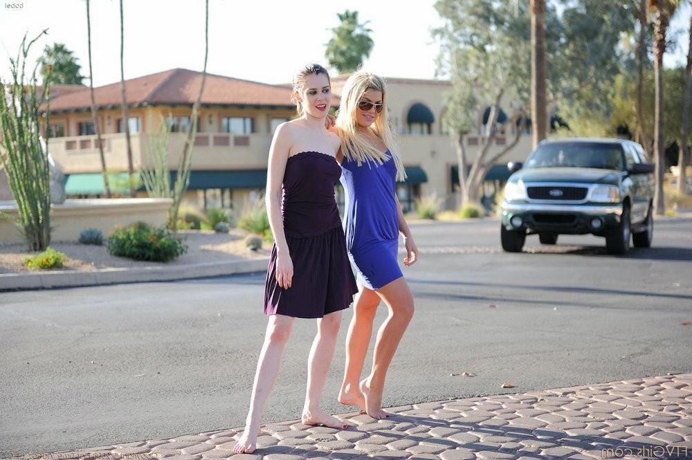 15P Two skinny white chicks show off their cute little feet outdoor