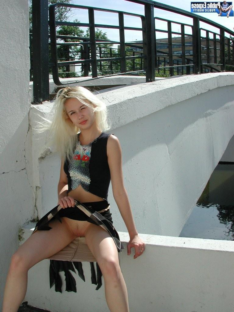 15P Exposed small boobies and honey pot of a blonde street exhibitionist