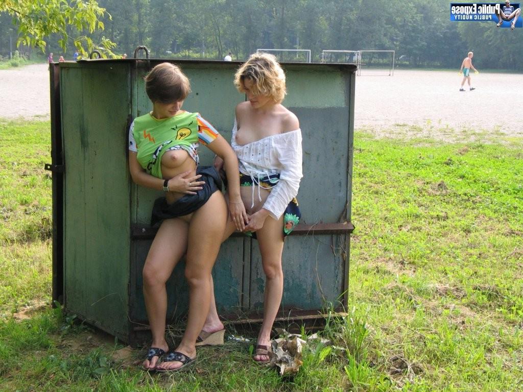 15P Sexy itchy miss flashing and toying her lesbian galfriend behind a bin