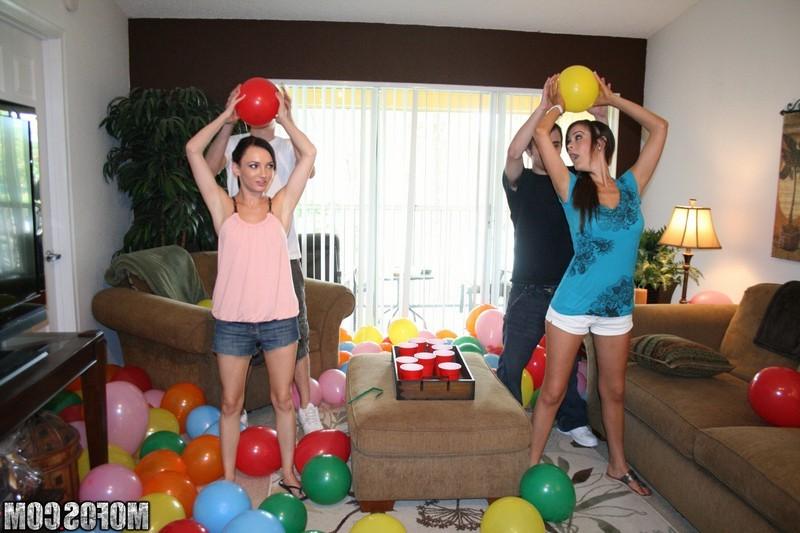 16P Two horny babes take a cock each on the couch at a balloon party