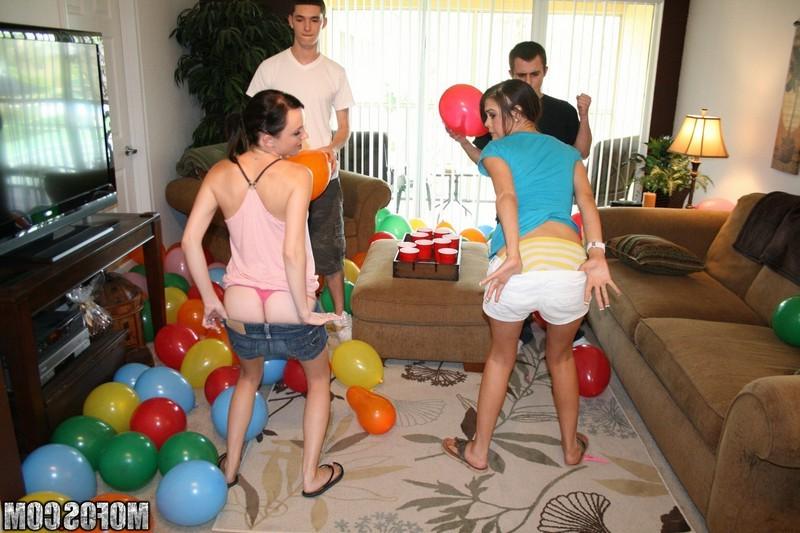 16P Two horny babes take a cock each on the couch at a balloon party