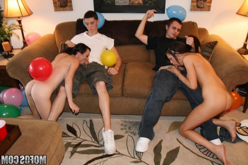 16P Two horny babes take a cock each on the couch at a balloon party