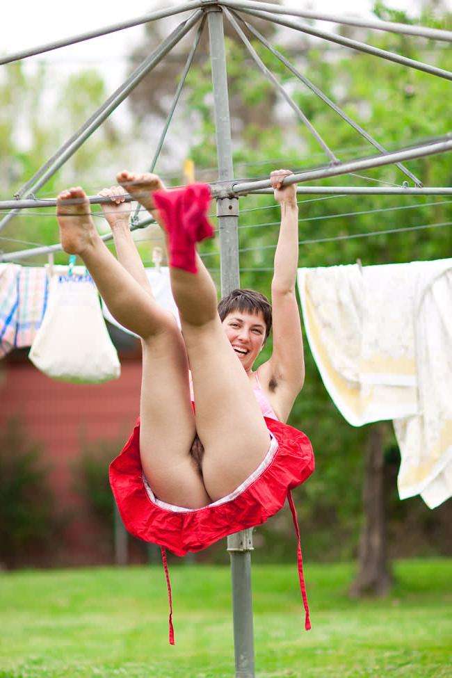 16P Tall furry fullbush brunette romping naked outdoors on the lawn