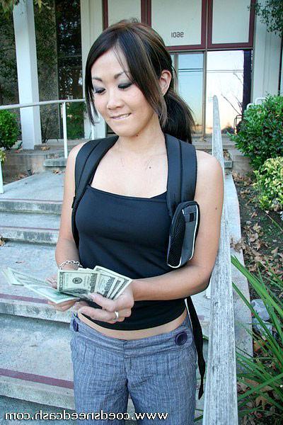 16P Asian coed strips licking balls and shaft for a wad of cash