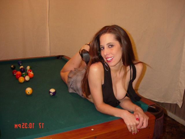 20P Amateur brunette with hit tits posing naked on a pool table