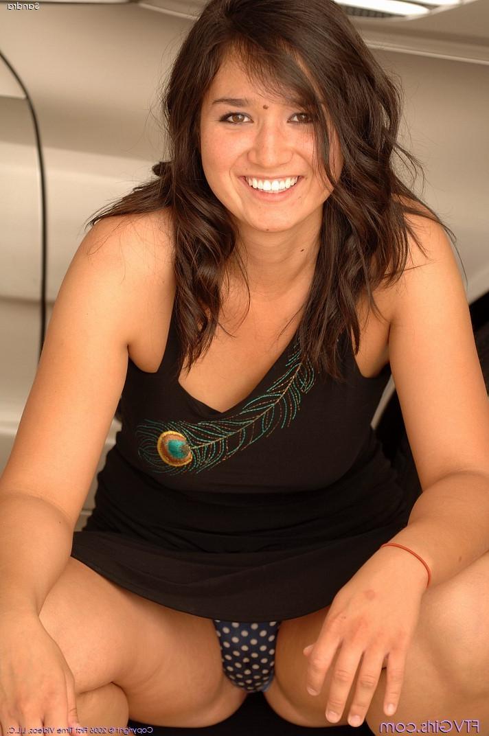 16P Ethnic brunette teen babe licking her own soft boobs