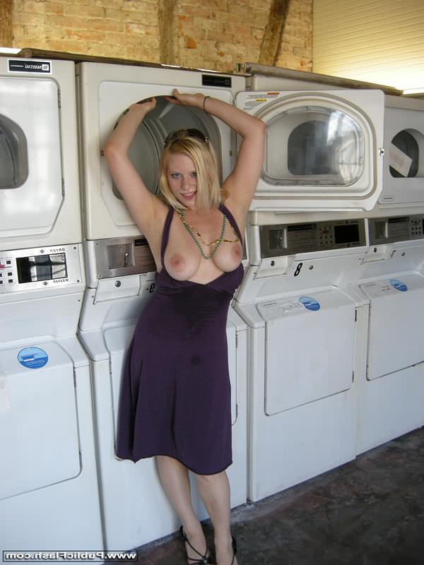 16P Big tits blonde exhibitionist strips naked in local laundromat