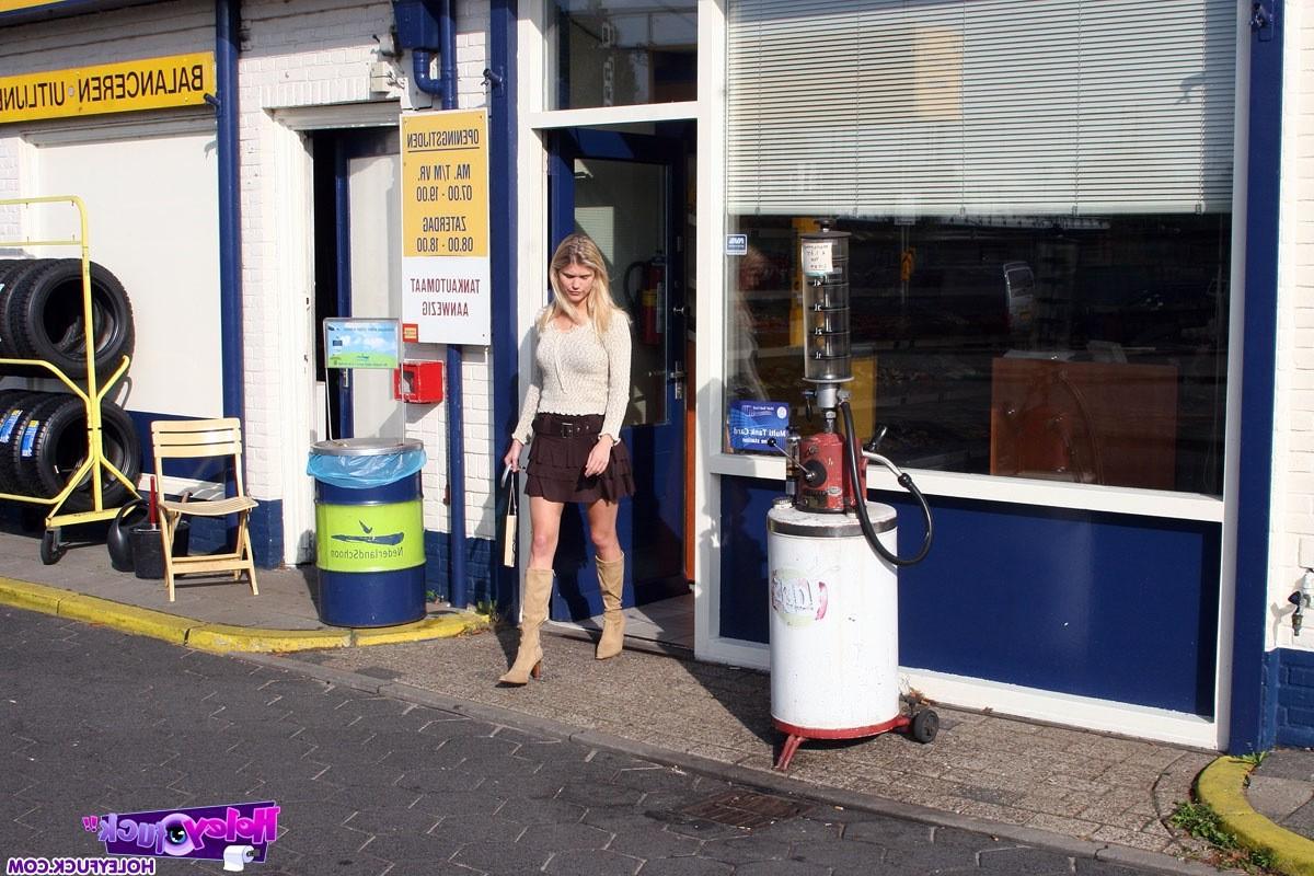 14P Blonde honey gets a big toilet surprise trough the wall