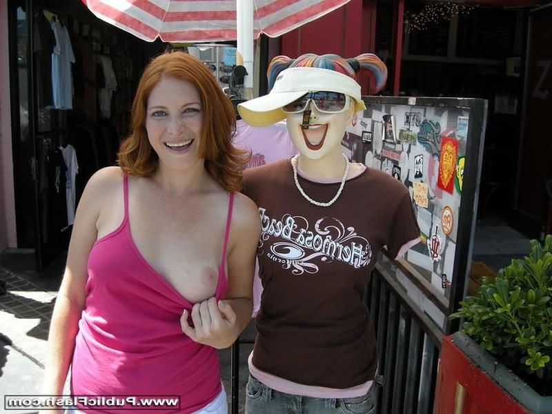 16P Redhead babe flashes big natural tits outdoors in public places