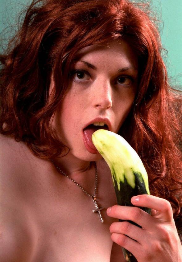 20P Dreamy redhead having cucumber fun