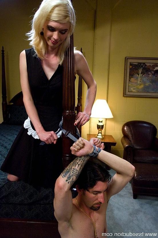 15P Dominant Maid Mandy Mitchell with bound CBT male analy fucked