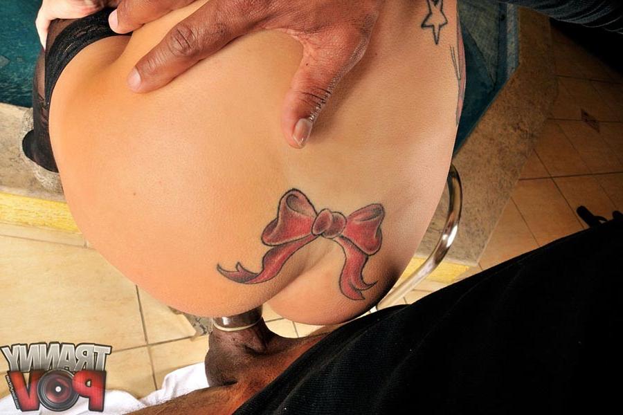 15P Tattooed transsexual takes thick cock in POV