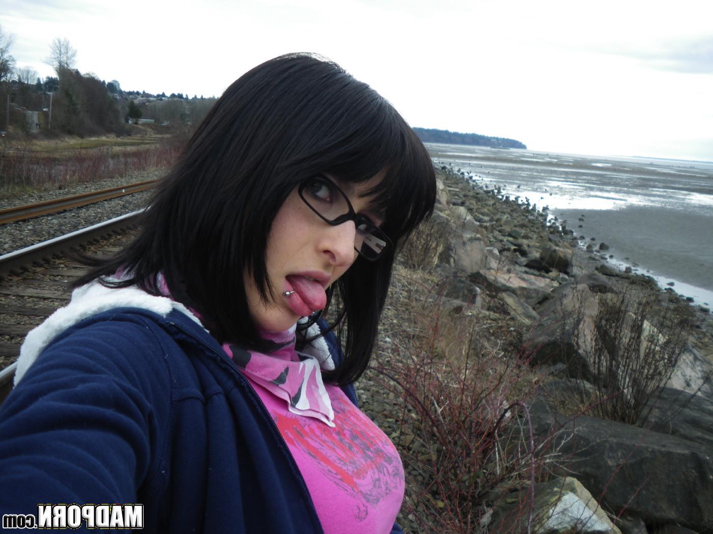 14P Cute pierced babe with glasses sucks off her boyfriend in public area