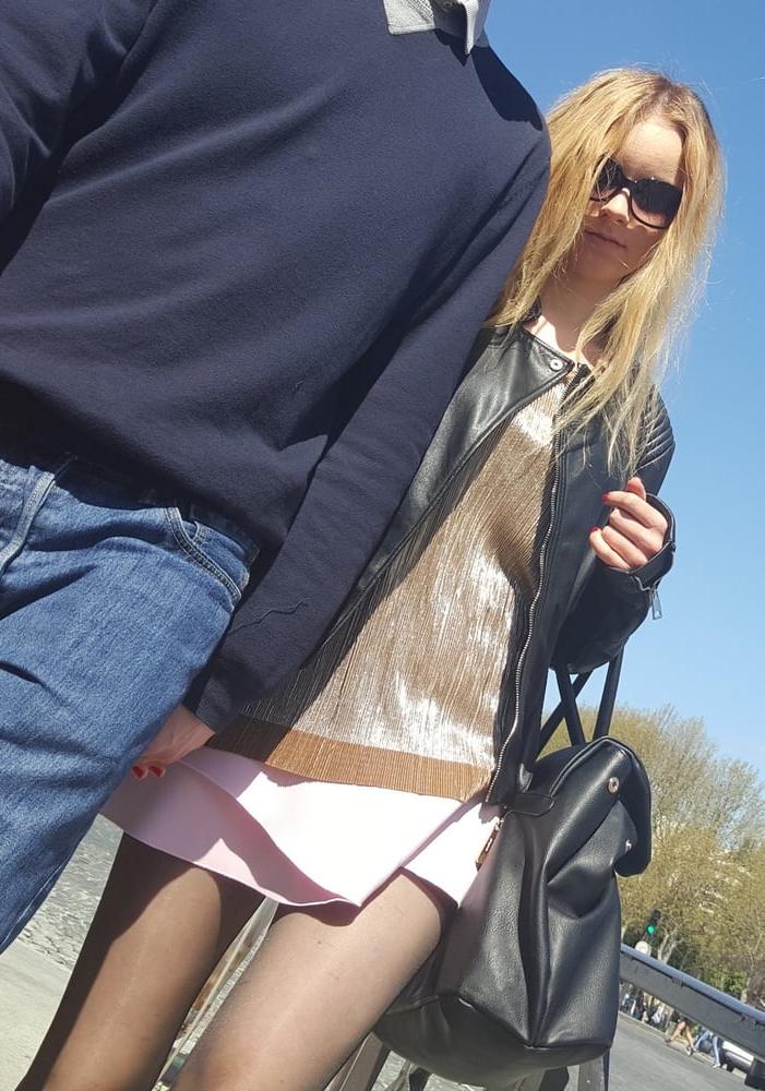 25P pretty blonde in pantyhose with her boyfriend